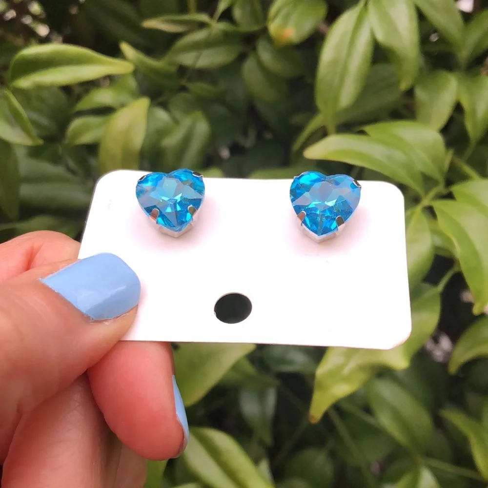 Aquamarine Blue + Silver Crystal Heart Earrings